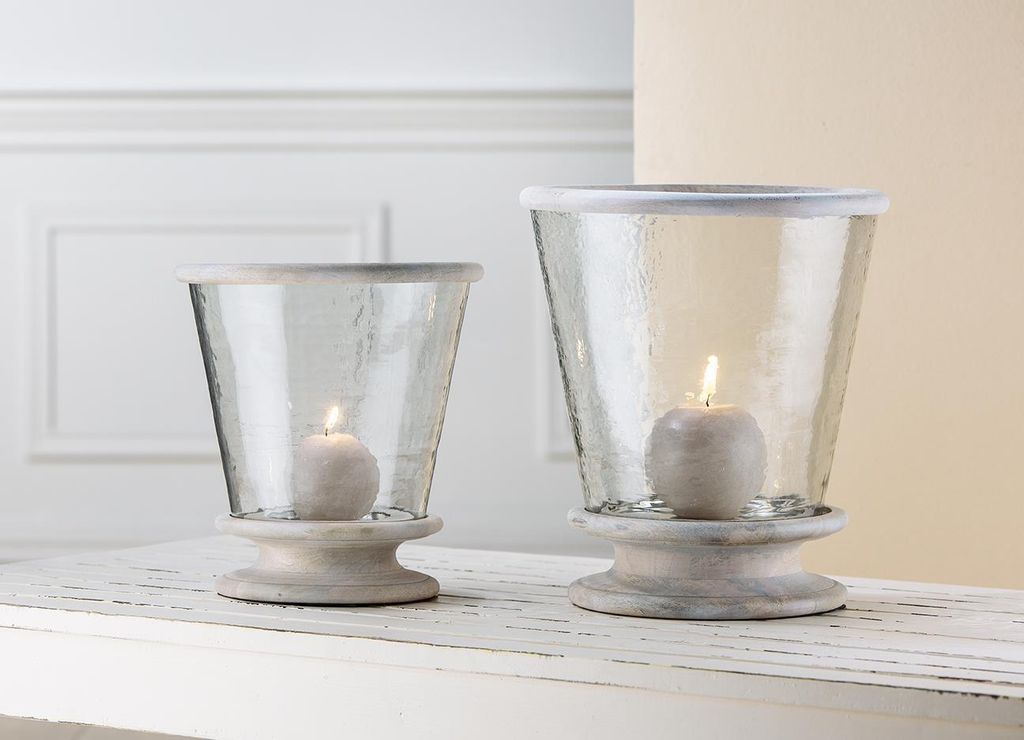 Gilde Glas Windlicht konisch+Holzbase mit Holzring Breite 30 cm Höhe 33 cm 48209