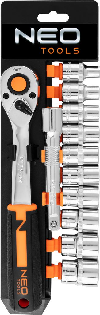 NEO TOOLS Steckschlüssel 1/2", 12-teiliger Satz; CrV Stahl, 1x Ratsche 1/2 90 Zähne, 10x Sechskantschlüssel 1/2, 1x Verlängerung 125 mm, Kunsts...