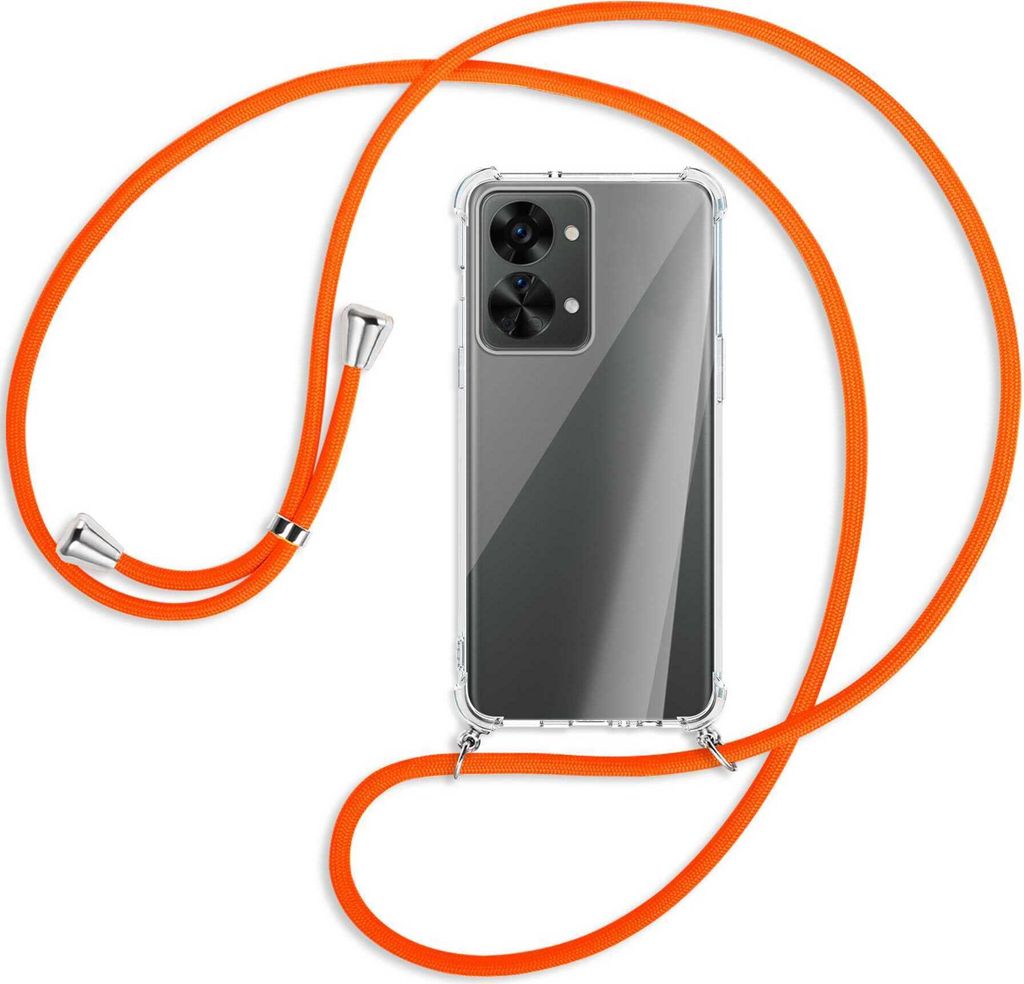 Handykette Backcover-Schutzhülle mit Band (Metall silberfarben) für OnePlus Nord 2T (CPH2399, 6.43'') - neonorange
