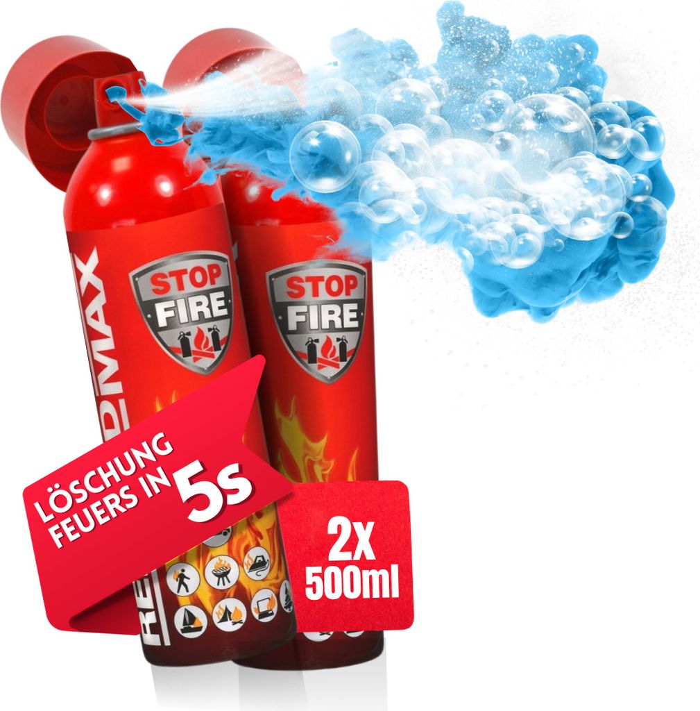 notlok Safety Work - 2x 500ml Feuerlöschspray | Klein Feuerlöscher Haushalt: Küche, Auto | Feuerlöscher Schaum löscht Feuer A B E F | Fettbran...