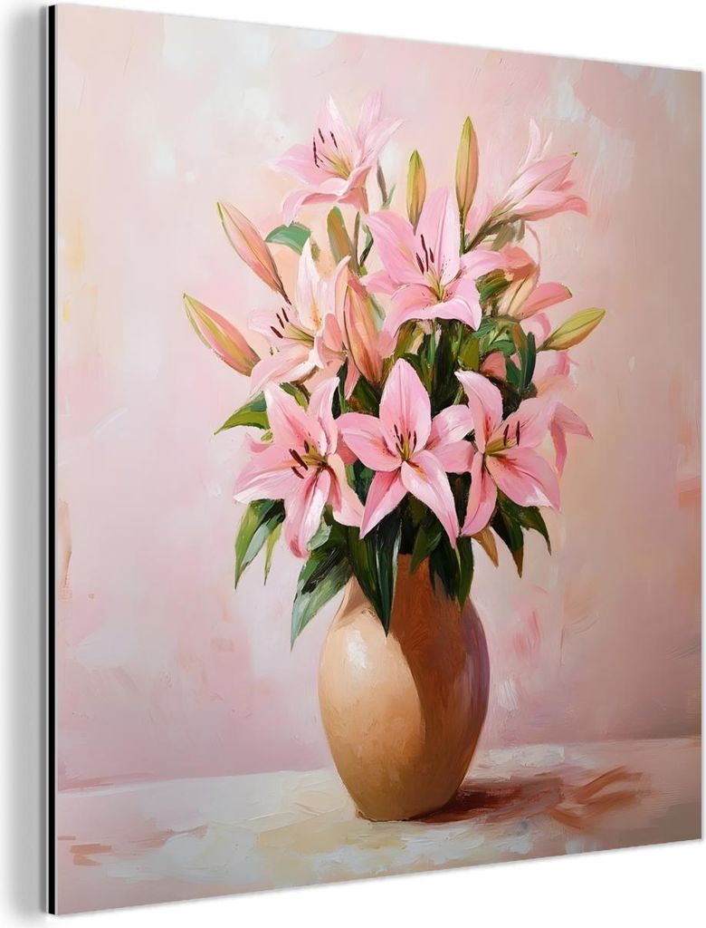 MuchoWow Wanddekoration Metall Metallbild Wandkunst 20x20 cm Vase - Blumen - Rosa MuchoWow Aluminium Gemälde - Alu Dibond Bilder