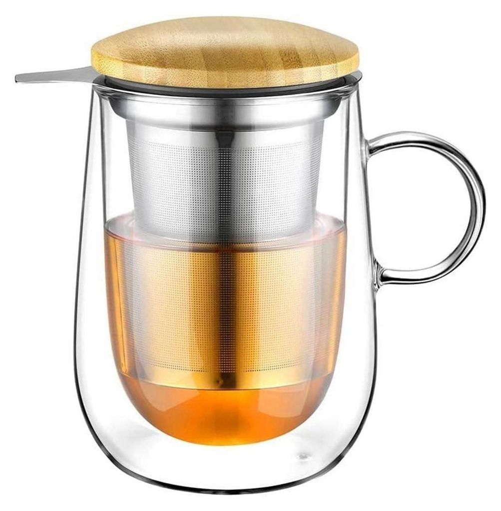 Doppelwandige Teetasse 430ml mit Metallsieb Borosilikatglas Produktbild 