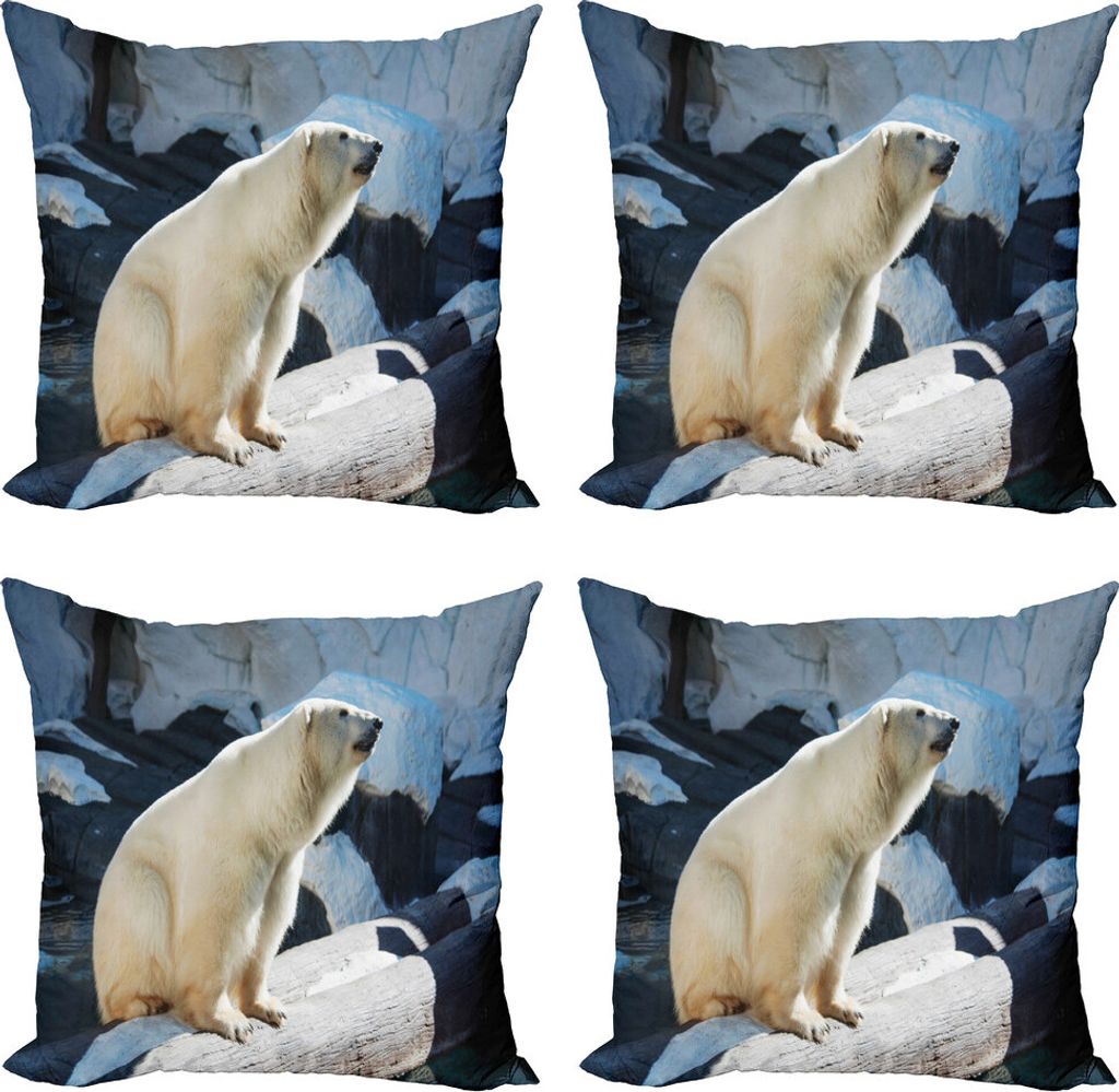 ABAKUHAUS Zoo Kissenbezug Set (4 Stück), Eisbär in Park Rock, Moderner Doppelseitiger Digitaldruck, 40 cm x 40 cm, Blassblau Schwarz Creme