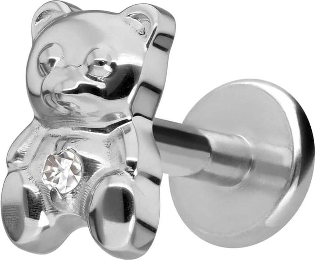 Ohrpiercing, Nasenpiercing Titan Labret mit Innengewinde TEDDYBÄR Silber Stablänge: 8mm | Stabstärke: 1,2mm