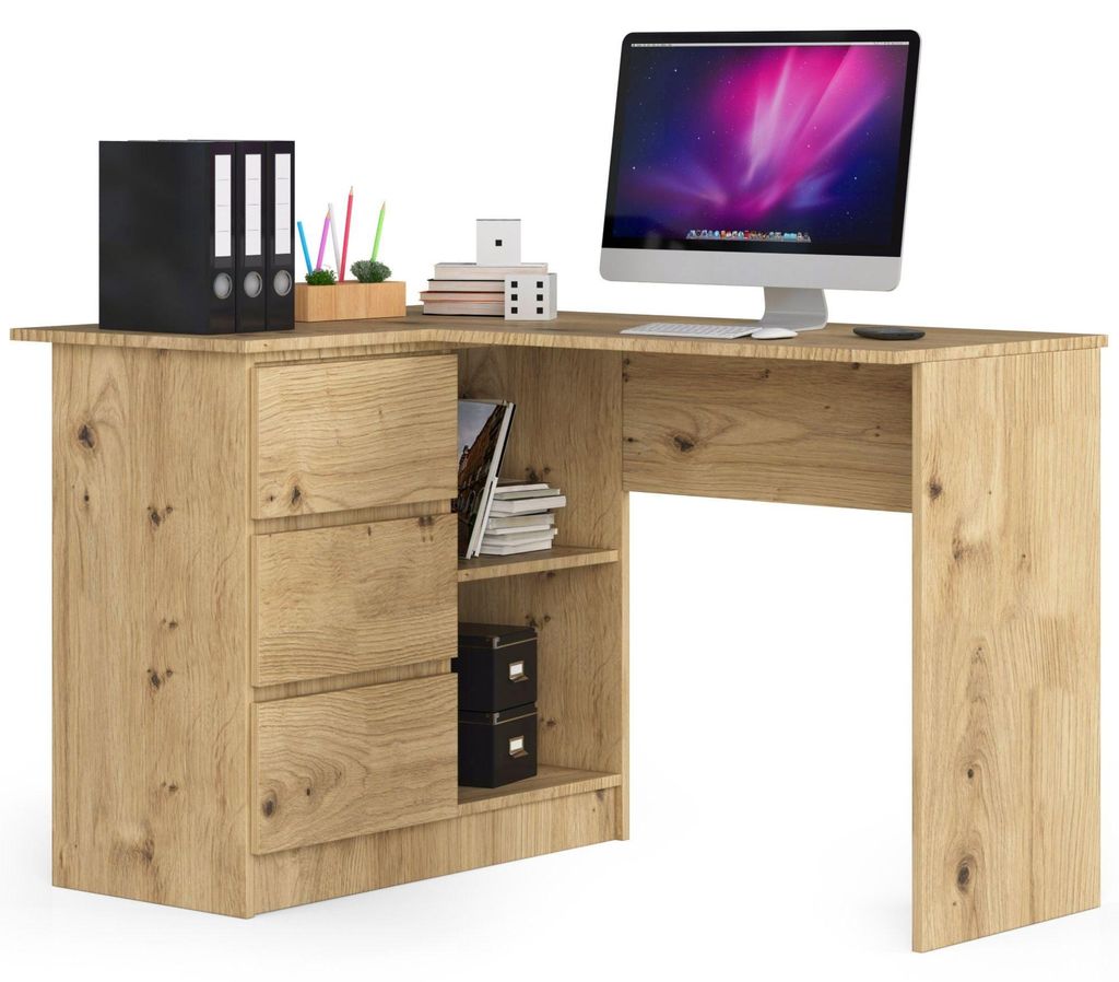 Eckschreibtisch 124cm mit 3 Schubladen L-Form Computertisch Eckschrank 2 Fächer