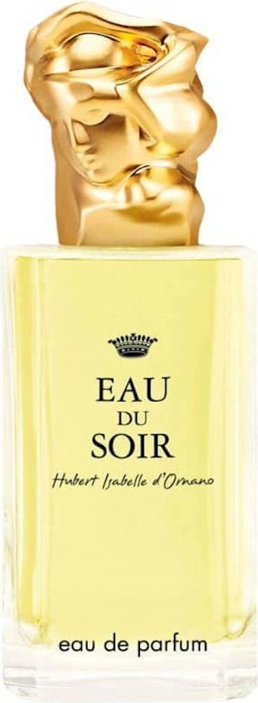 A perfume bottle with a gold cap and yellow liquid.