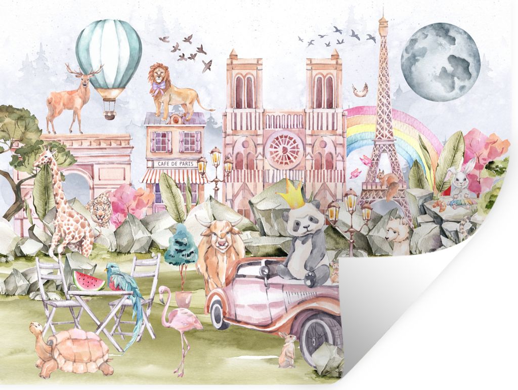 MuchoWow Wandtattoo Wandsticker Wandaufkleber Paris - Regenbogen - Kinder - Rosa - Mädchen - Tiere 120x90 cm Selbstklebend und Repositionierbar ...
