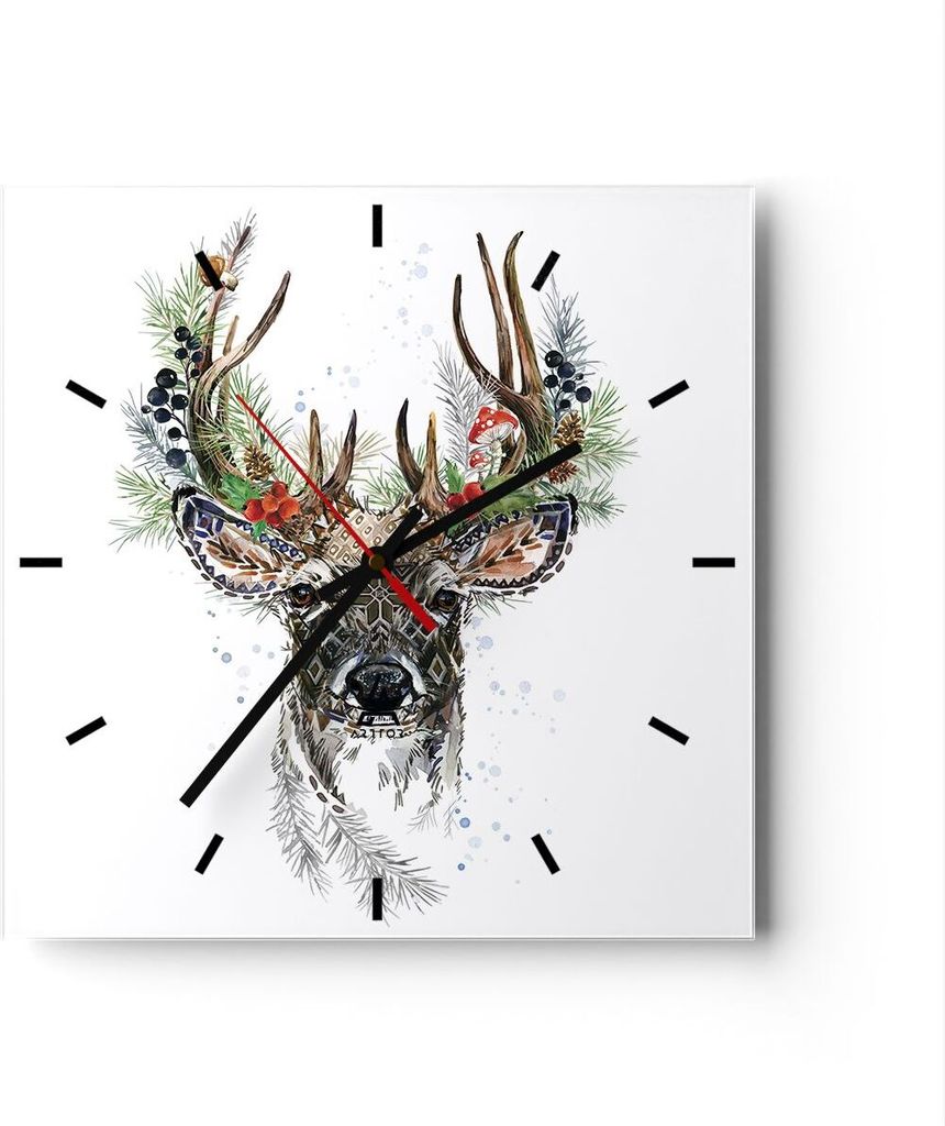 Wanduhr - Quadrat - Glasuhr - Surrealismus Hirsch Boho - 30x30cm - Schleichendes Uhrwerk - Lautlos - zum Aufhängen bereit - Dekoration Modern - Wa...