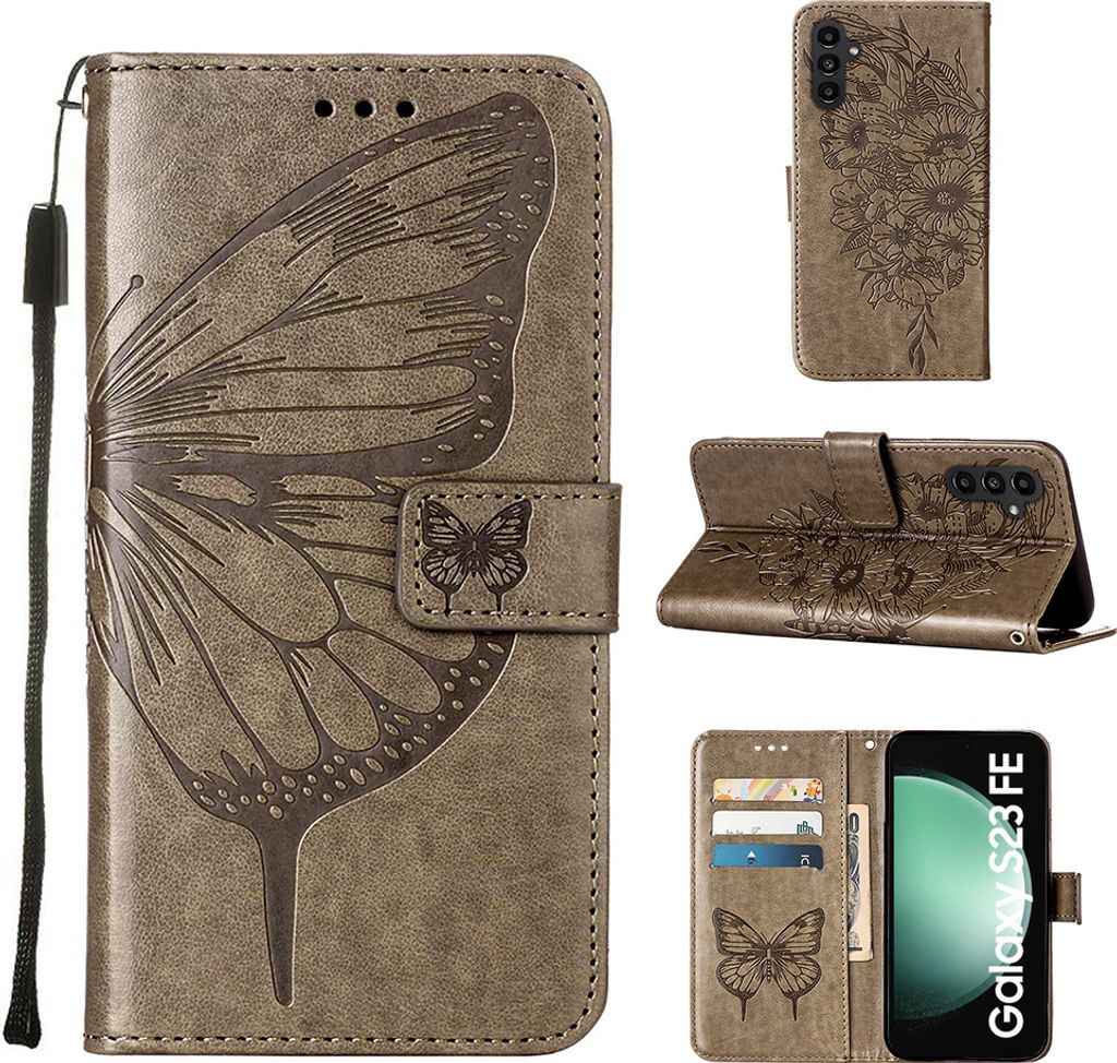 Lederhülle für Samsung Galaxy S23 FE Schmetterling Prägung Flip Ledertasche Kartenfächer Handyhülle mit Ständer Grau