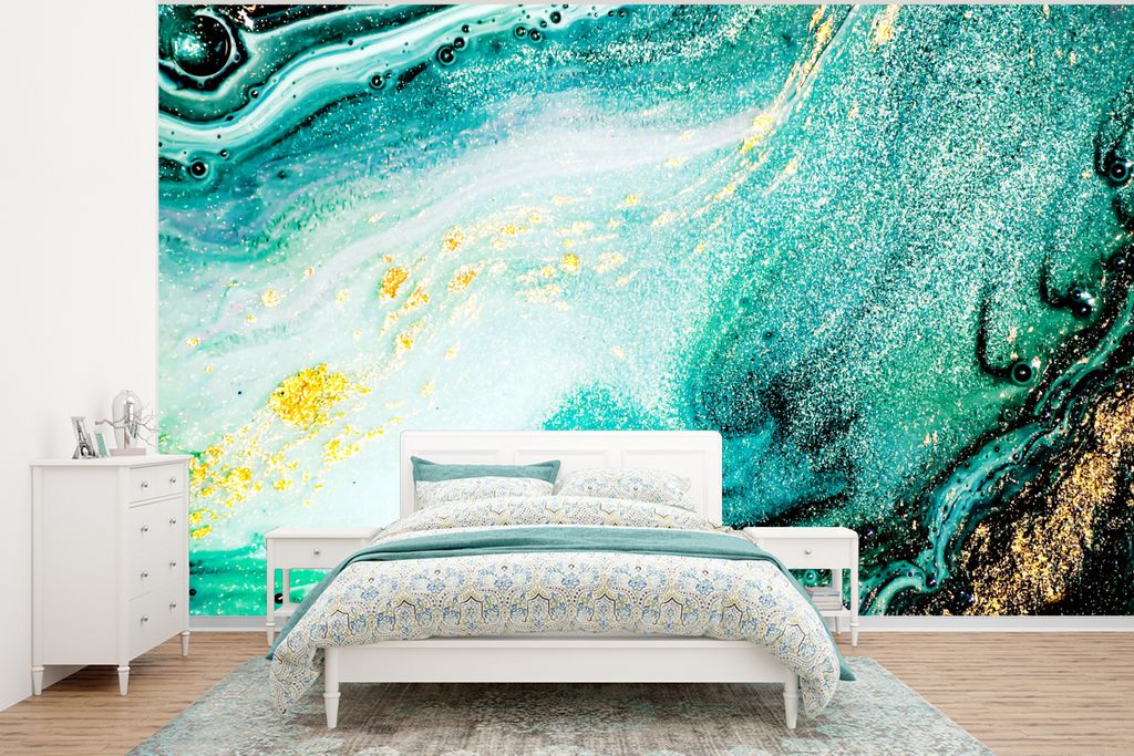 MuchoWow Fototapete für Wohnzimmer oder Schlafzimmer Wandtapete Vinyl Motivtapete Marmoroptik - Blau - Gold - Glitzer - Luxus - Marmor - 350x260...