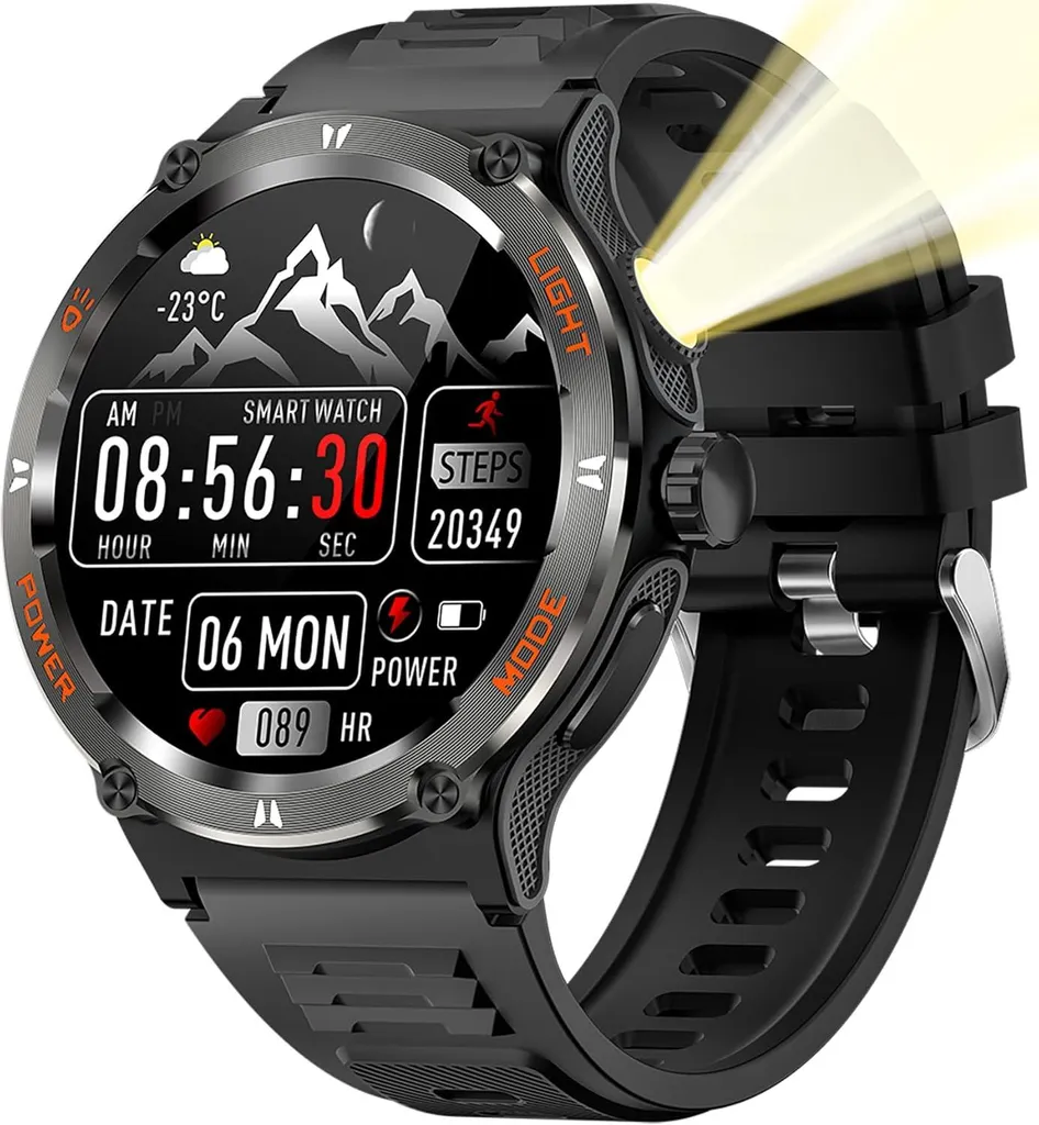 Smartwatch Rugged Militare GPS-Bussola | Torcia LED e Cardio 24H