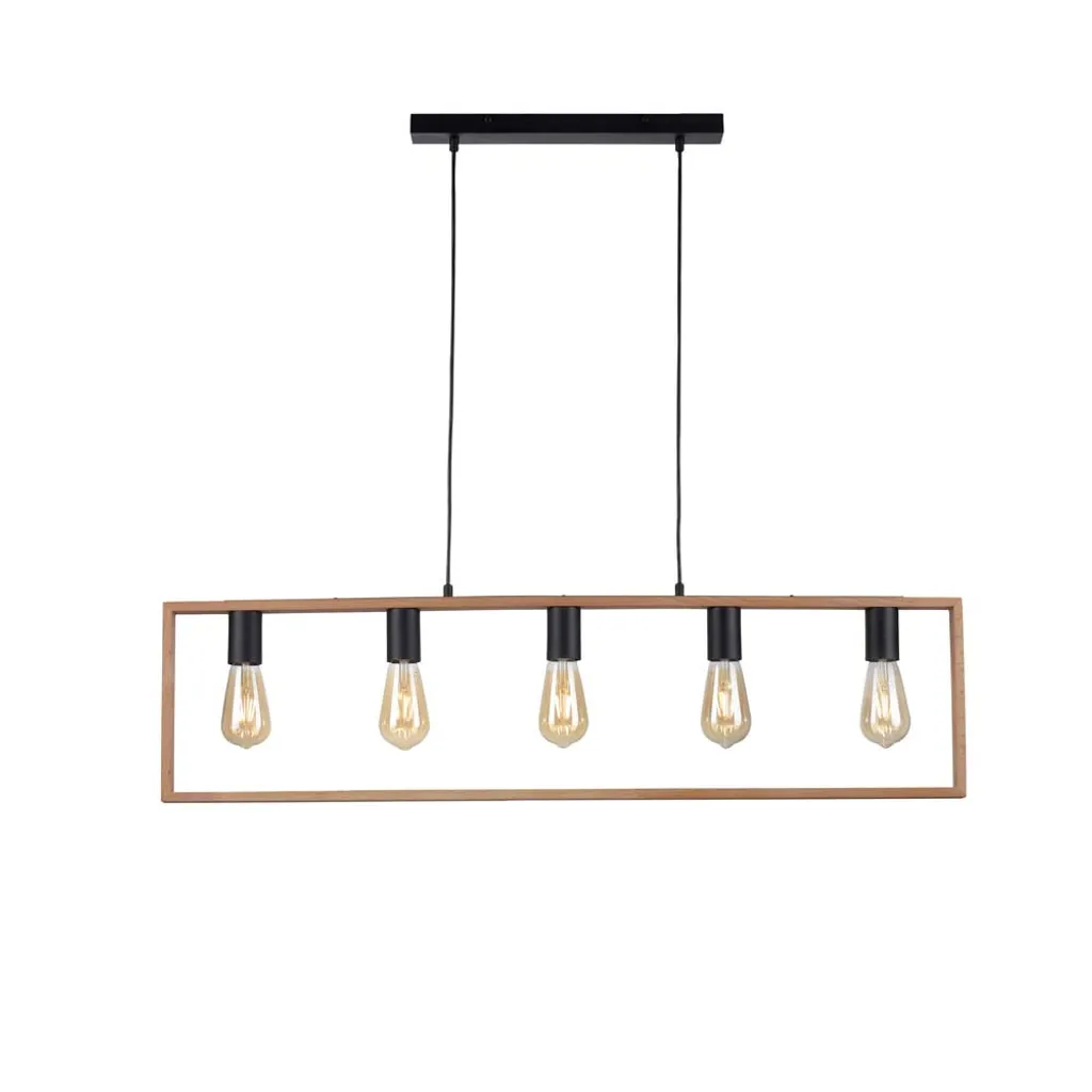 Lampada Sospensione Legno 100 cm 5 Luci - Stile Retro Nero Opaco