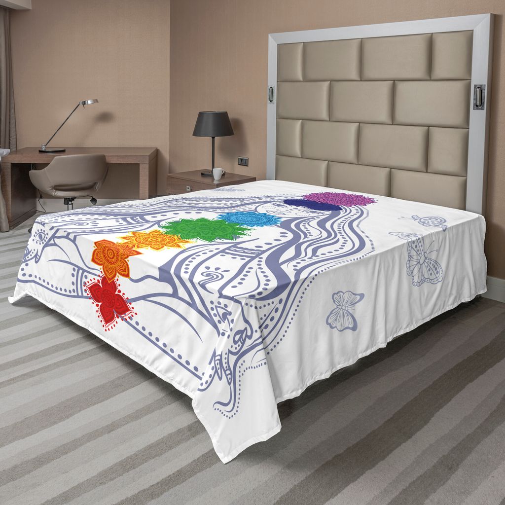 ABAKUHAUS Chakra Bettlaken, Spirituelles Mädchen Lotus Blume mit Bunten Chakra Steine Zentangle Tattoos Muster, weiches bequemes oberes Bettlaken ...