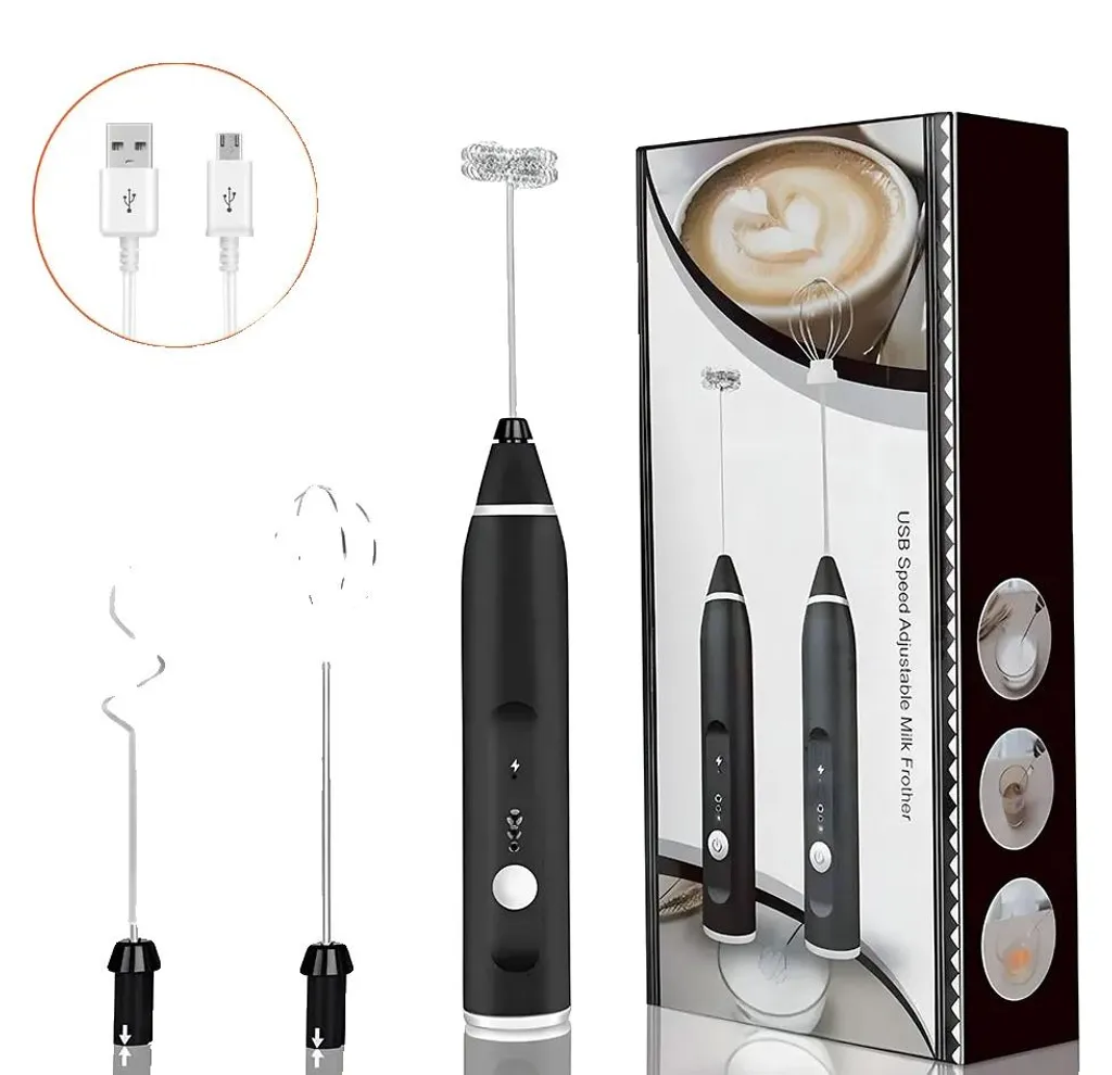 Mousseur à lait électrique rechargeable avec 3 vitesses de mélange noir