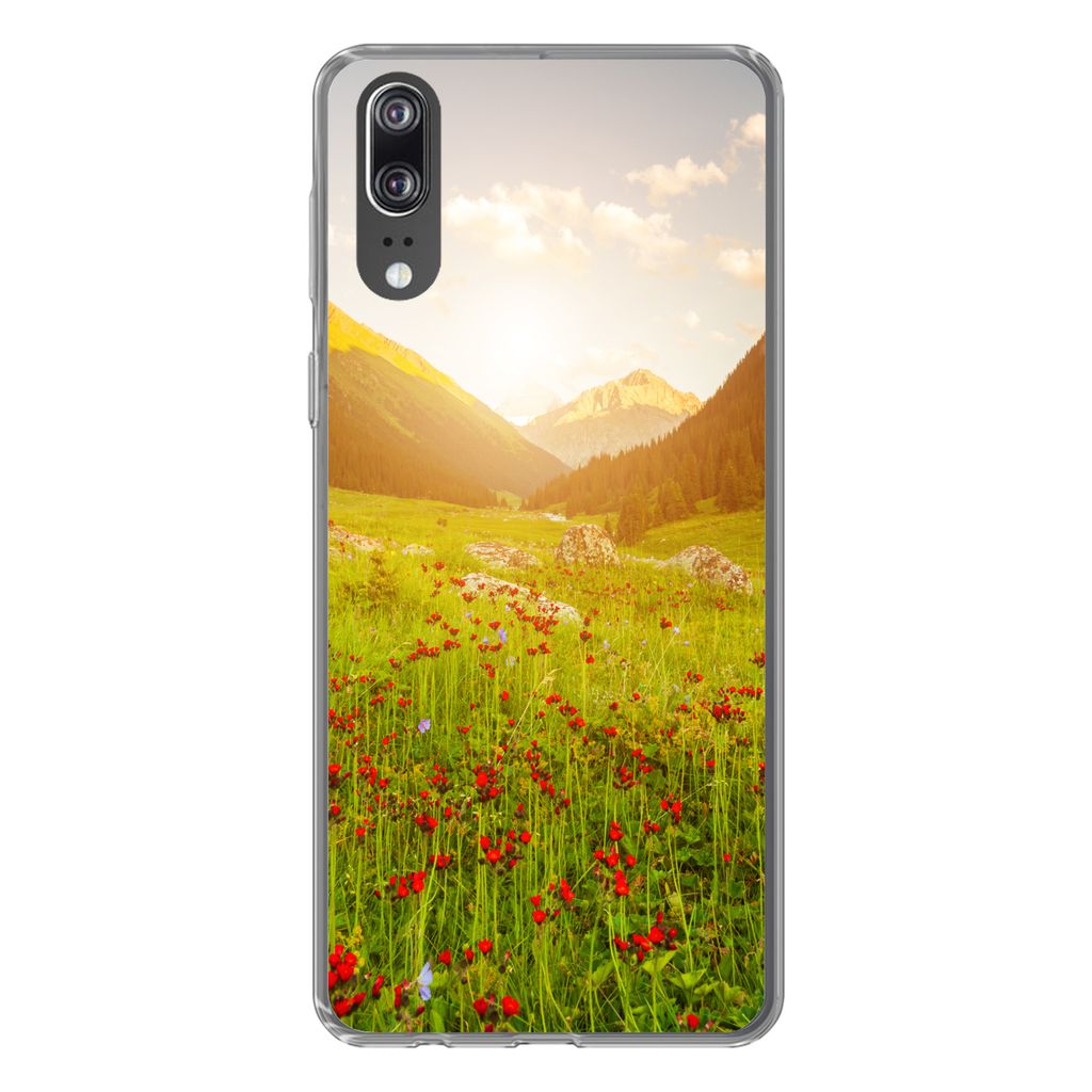 MuchoWow Handyhülle Schutzhülle Hülle für Huawei P20 Blumen - Berg - Sonne Silikon Softcase Handy Hülle - Hardcover