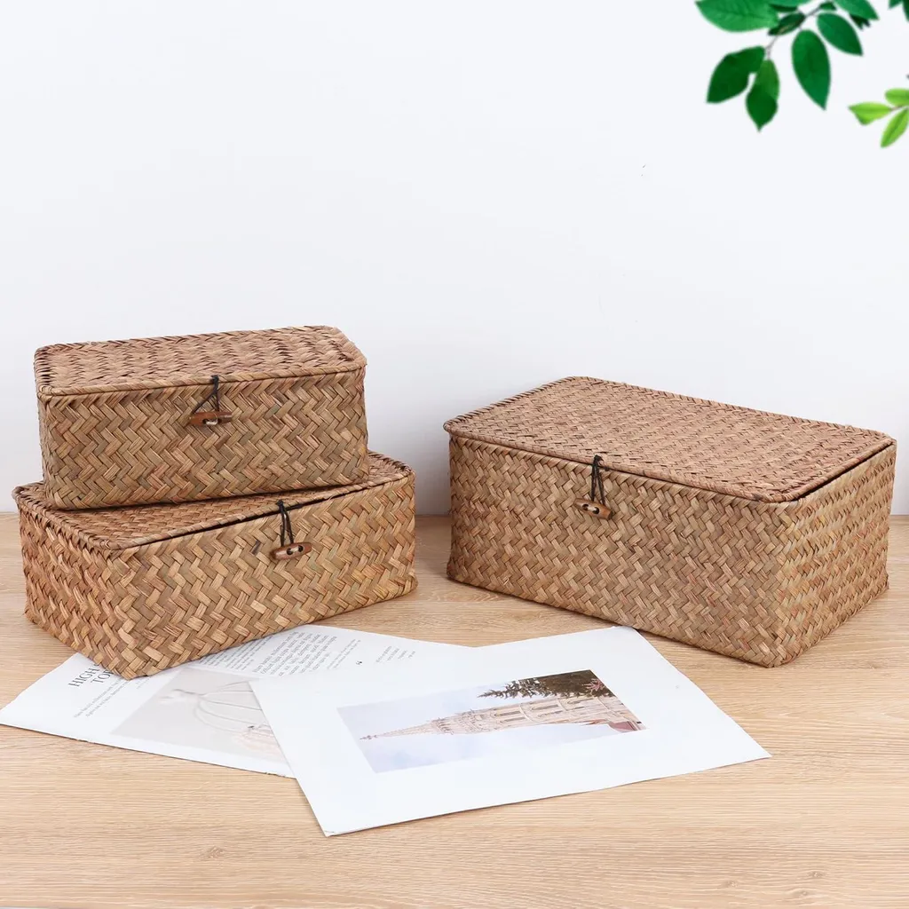 Panier de Rangement en Jonc de Mer avec Couvercle - Boîte Tissée Main