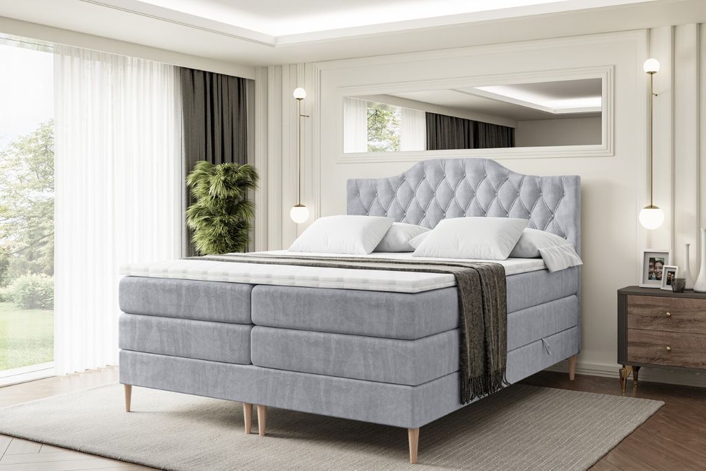 ALTDECOR Boxspringbett mit Holz Füßen, Matratze und Lattenrost, Topper, Polsterbett mit Bettkasten, Bett mit Stauraum H3- und H4- Matratze, Doppe...