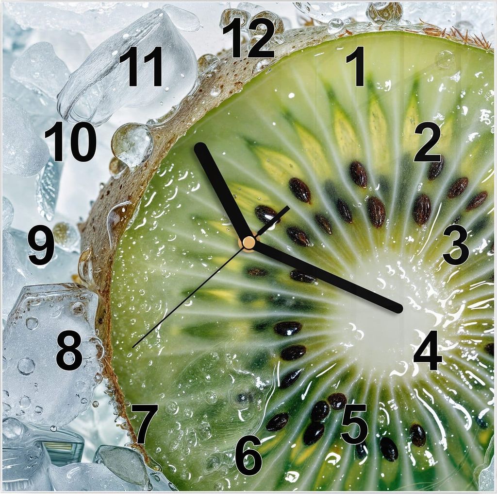 Wanduhr aus Glas mit Motiv Kiwi im Eis- 30 x 30 cm - inkl. Aufhängesystem