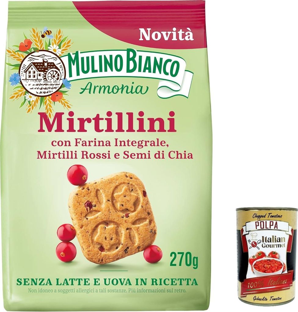 6x Mulino Bianco Mirtillini, Rote Blaubeeren und Chiasamen, reich an Vitamin E, ohne Milch und Eier im Rezept, Packung 270g + Italian Gourmet polpa...