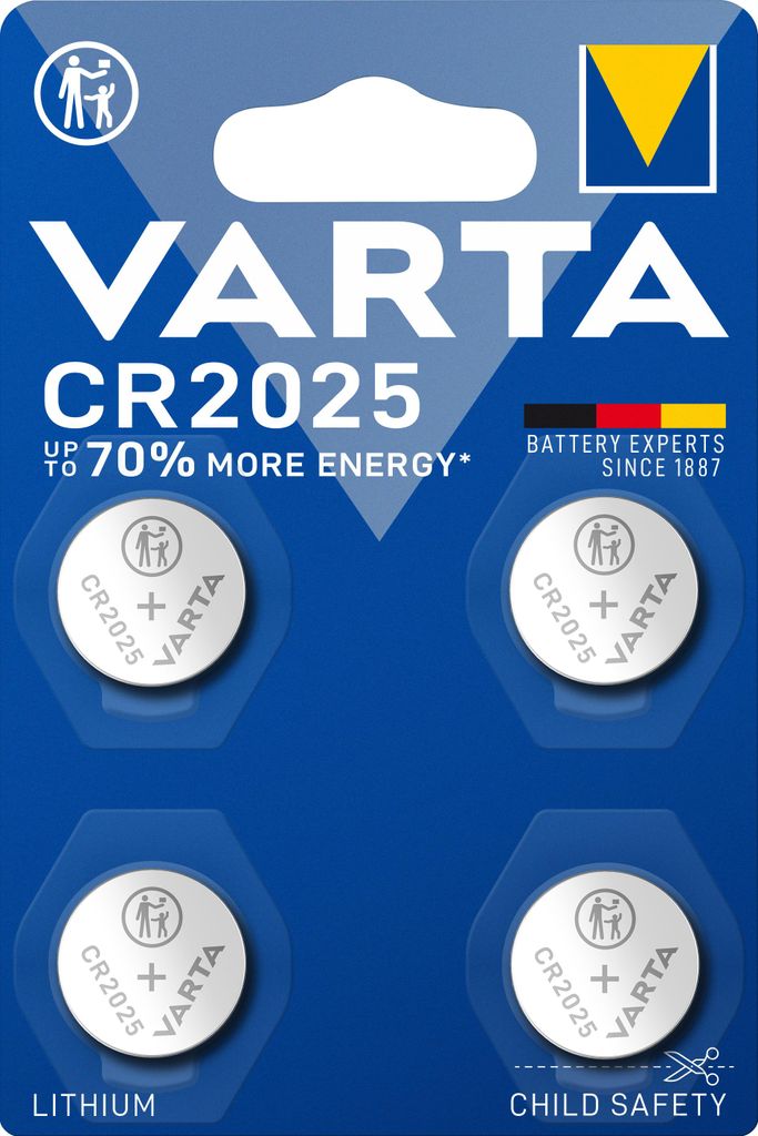 VARTA Batterie Lithium Knopfzelle CR2025 3V Electronics | Packung (4 Stück)
