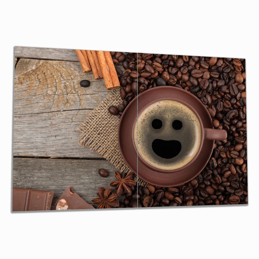 Wallario Herdabdeckplatte aus Glas, Größe 80 x 52 cm 2-teilig, Motiv Lustige Kaffeetasse mit einem Lächeln - Kaffeebohnen und Zimt