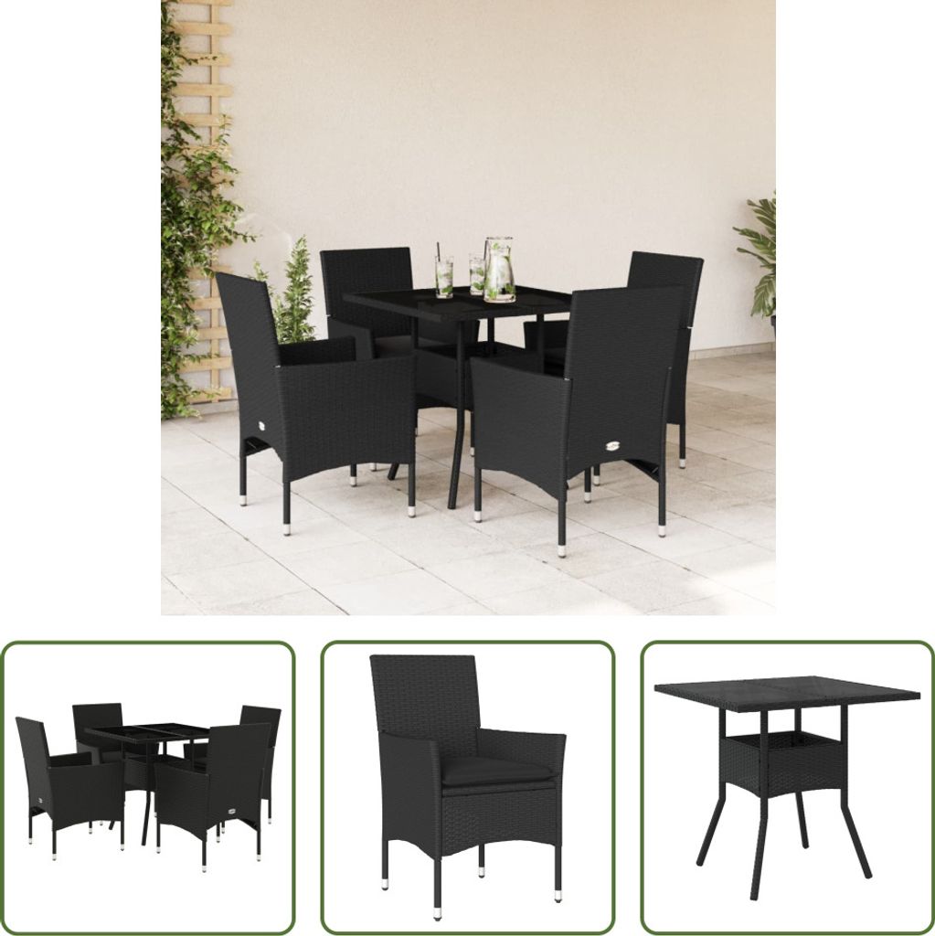The Living Store 5-tlg. Garten-Essgruppe mit Kissen Schwarz Poly Rattan und Glas