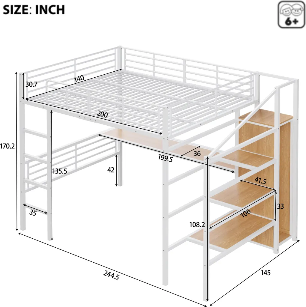 Lit Mezzanine Métal Blanc 140x200 cm avec Large Bureau Compact