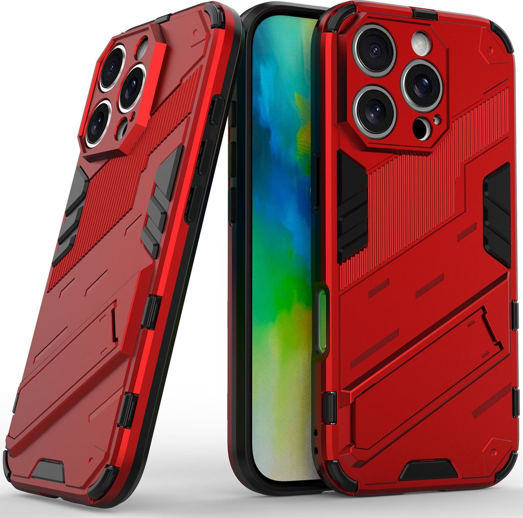 Armor Hülle für iPhone 16 Pro Hybrid PC TPU Bumper Stoßfestes Schutzhülle mit Standfunktion Rot