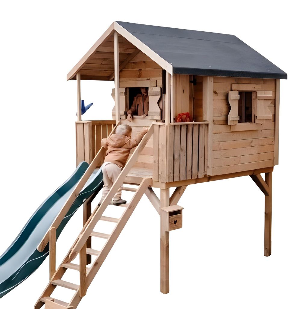 Holz-Gartenhaus für Kinder mit Rutsche und 120 cm hoher Plattform + GRATIS