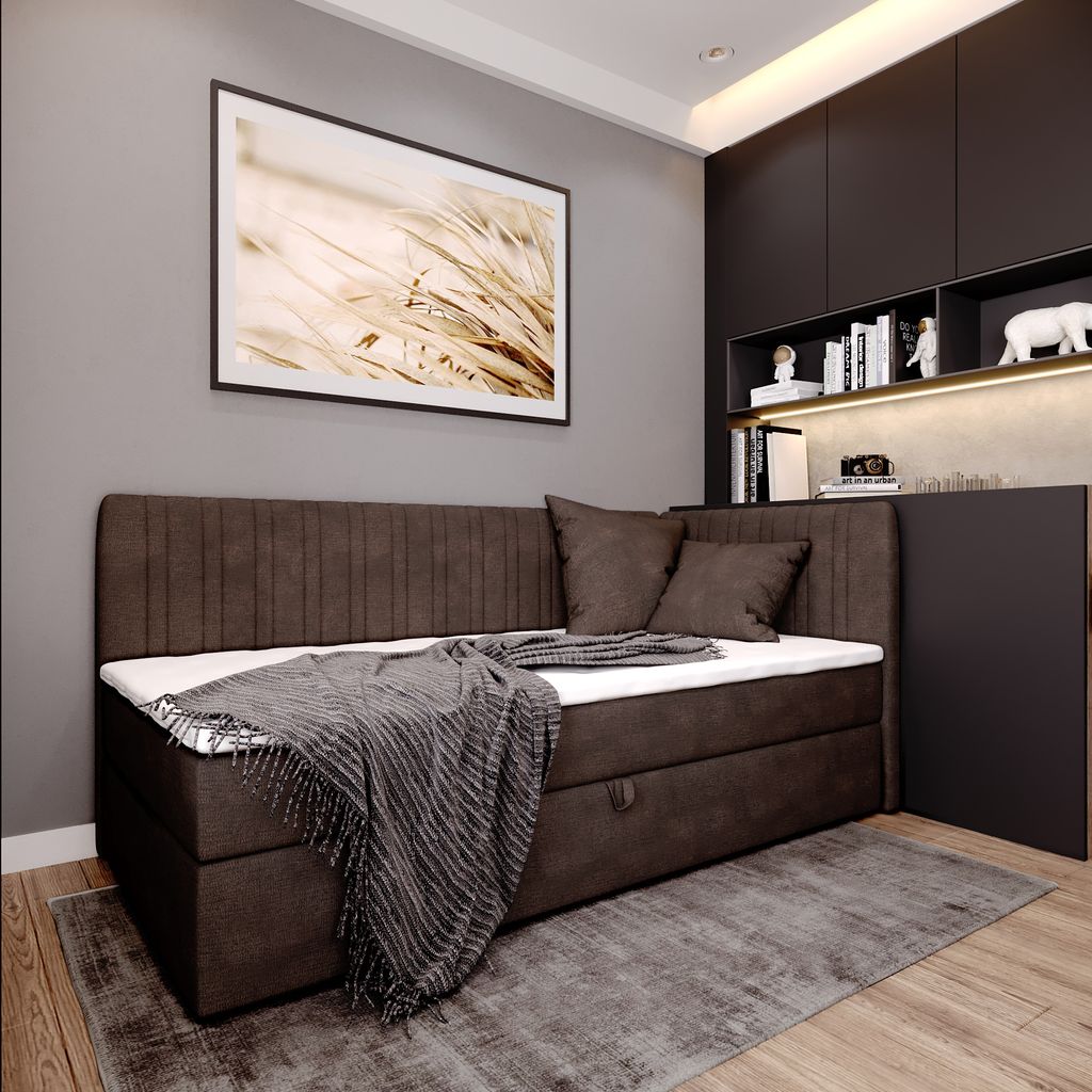 Boxspringbett BLANCA mit Topper und Bettkasten Einzelbett mit zwei Dekokissen Jugendbett (90x200 cm rechts, Dunkelbraun)