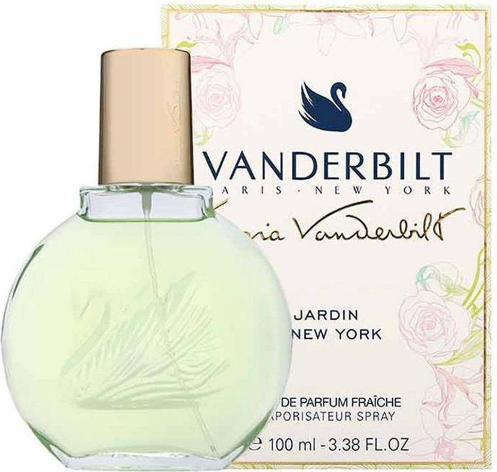 A bottle of Vanderbilt Jardin a New York Eau de Parfum for women, with its packaging in the background.