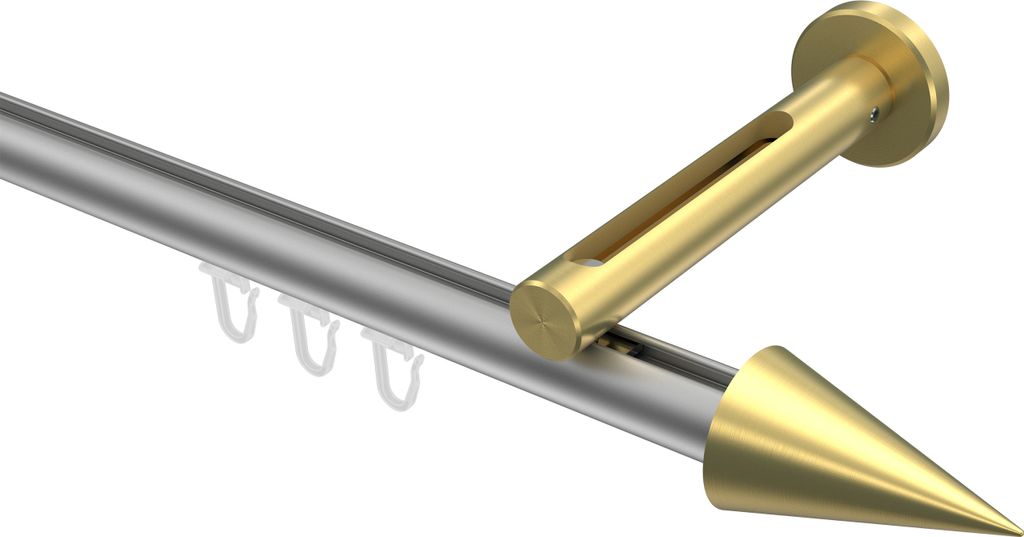 Interdeco Innenlaufstange / Gardinenstange mit Innenlauf Silbergrau / Messing-Optik, Typ Siteno Savio (Kegel), 20 mm Ø 1-läufig, 240 cm