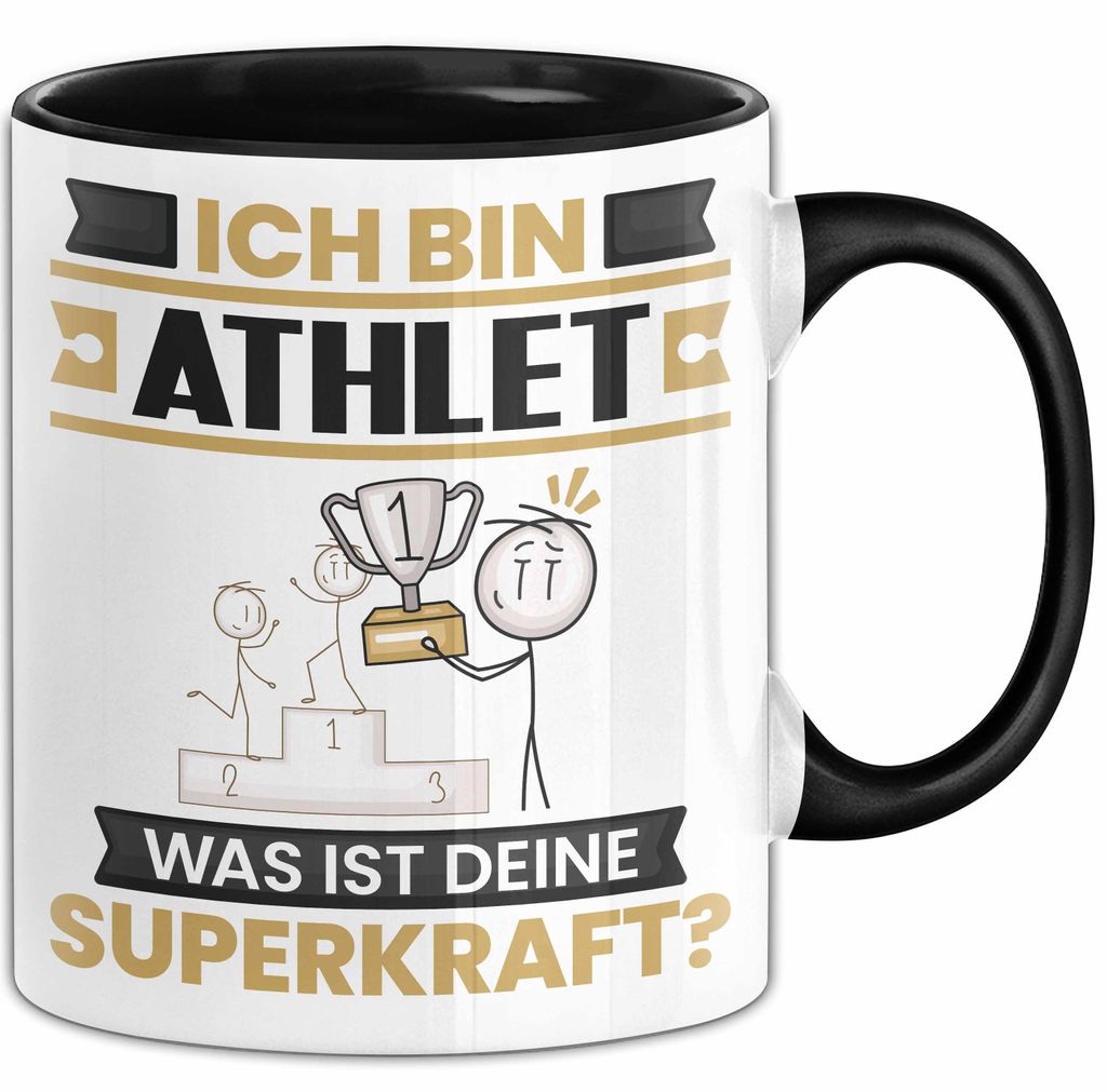 Athlet Tasse Geschenk für Athlet Geburtstag Lustiger Spruch Kaffee-Becher Was Ist Deine Superkraft (Schwarz)