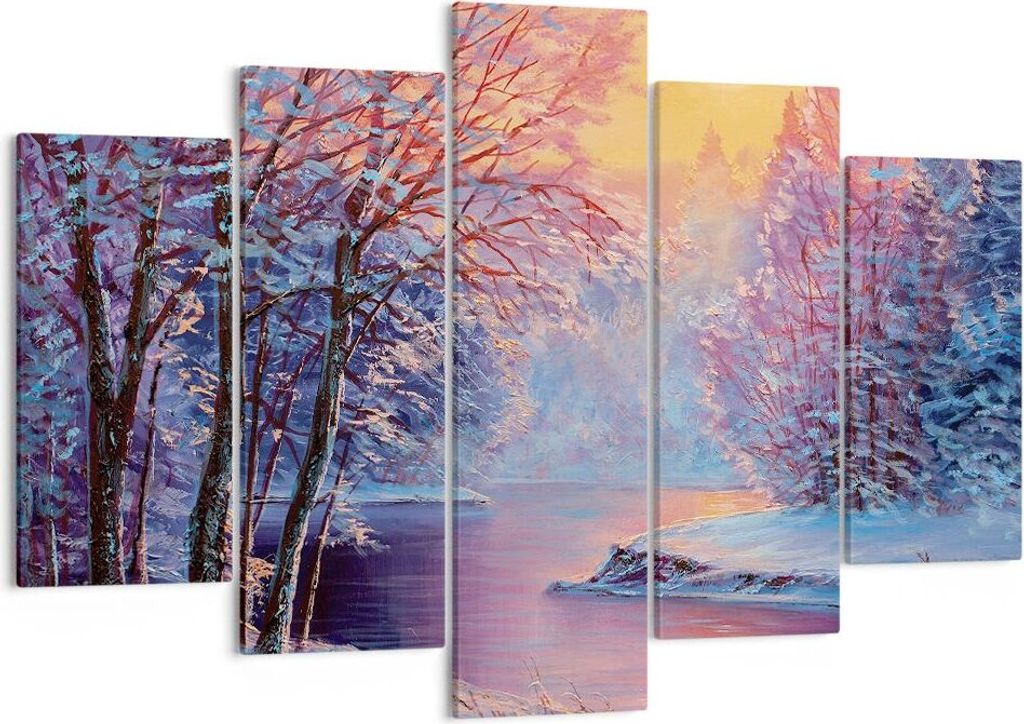 Bild auf Leinwand - Leinwandbild - 5 Teile - Öl Winter Fluss - 150x100cm - Wand Bild - Wanddeko - Wandbilder - Leinwanddruck - Bilder - Wanddekora...