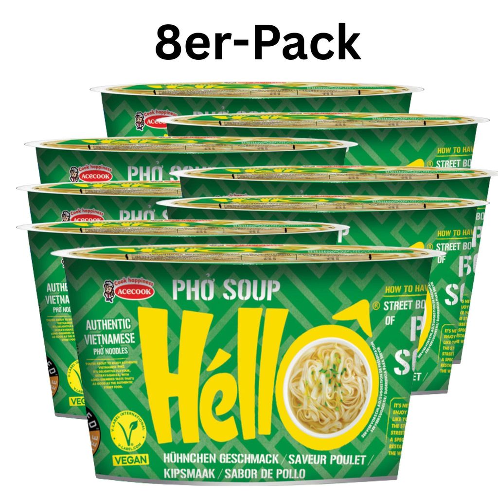 8er-Pack Acecook Pho Soup Hello Instant Reisnudeln Huhn Cup 70g