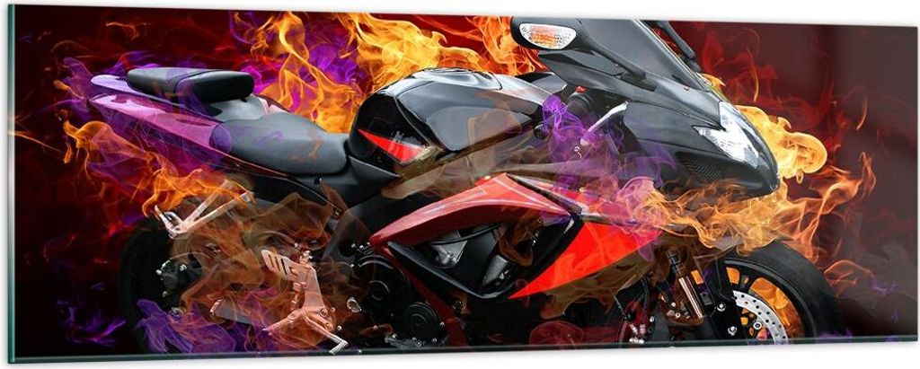 Bilder auf glas - Motorrad Feuer Abstraktion - 90x30cm - Glasbilder - Wandbilder - Kunstdruck - zum Aufhängen bereit - Wanddekoration aus Glas - G...