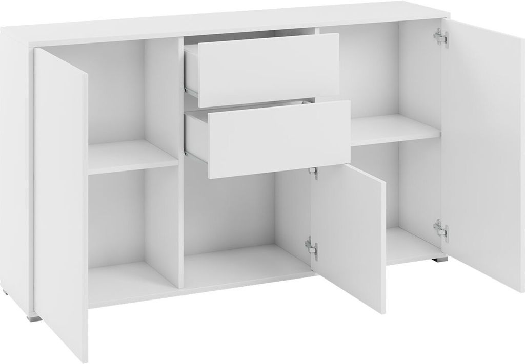 A white sideboard with two drawers and two doors, shown open.