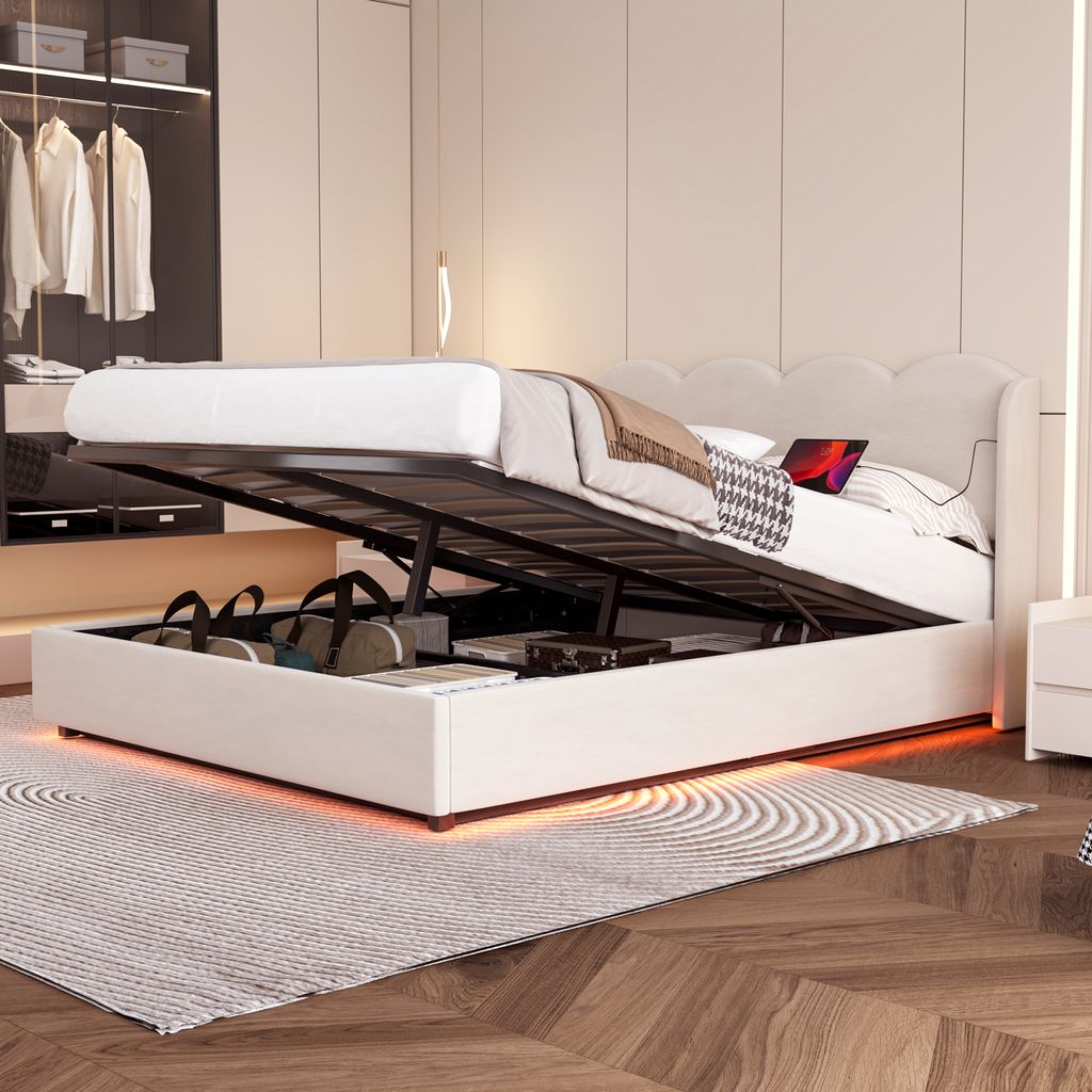 AIORBER Polsterbett,140x200cm, gewellt, Samtstoff, mit LED-Licht, USB+C-Anschluss,Doppelbett,großer Stauraum, hohe Belastbarkeit,Beige (ohne Matra...