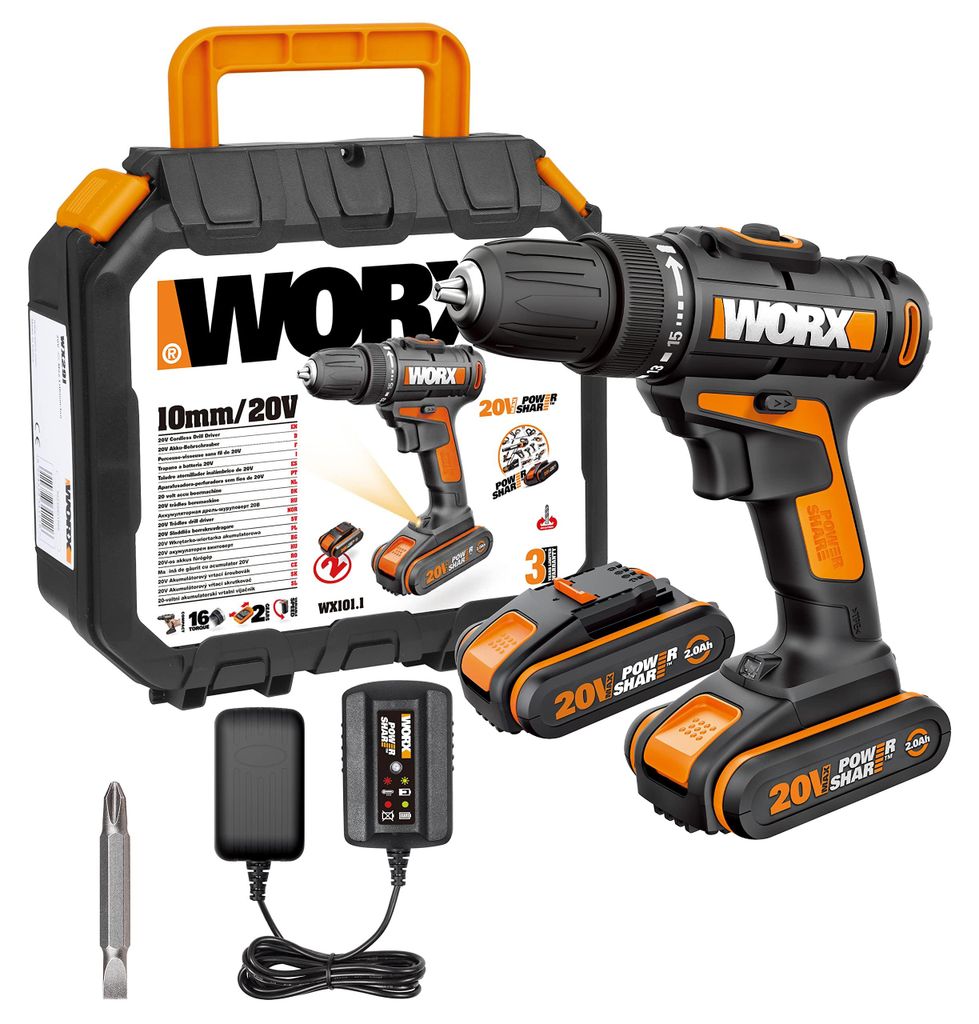 WORX WX183.9 Akkuschrauber 20V-50Nm, 2-Gang-Getriebe und LED-Licht – Akkubohrschrauber Set zum Bohren und Schrauben ohne Akku und Ladegerät, 20 V