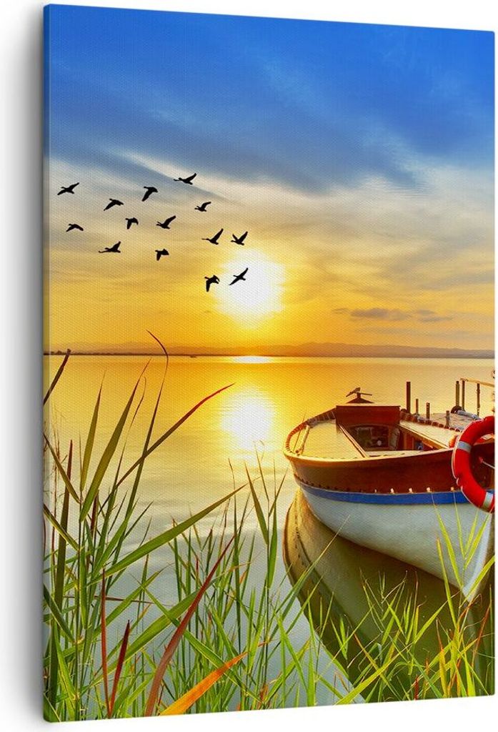 Bild auf Leinwand - Leinwandbild - Einteilig - Boot See Sonnenuntergang Sommer Menschen - 50x70cm - Wand Bild - Wandbilder - Leinwanddruck - Wandde...