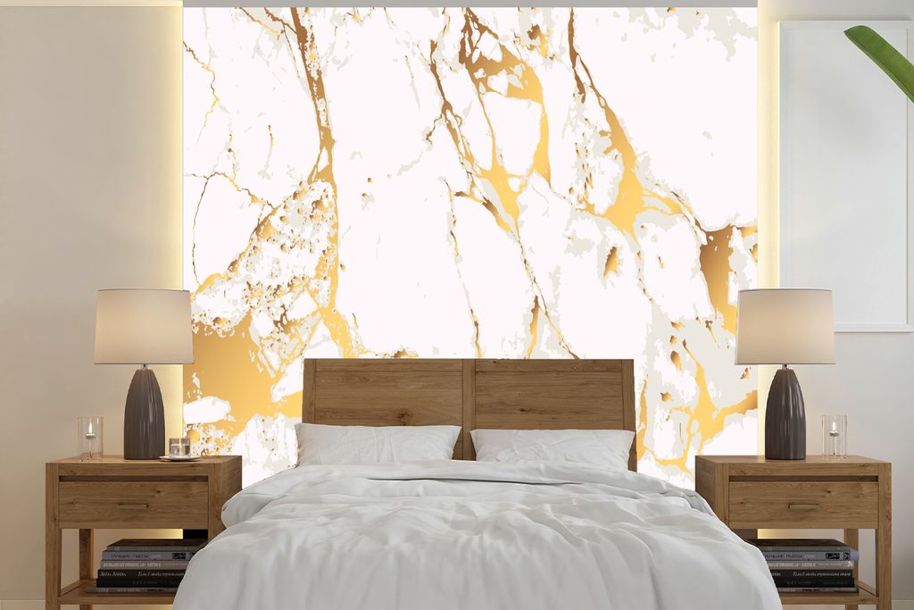 MuchoWow Fototapete für Wohnzimmer oder Schlafzimmer Wandtapete Vinyl Motivtapete Marmor - Gold - Weiß - Chic - 220x220 cm - Tapeten