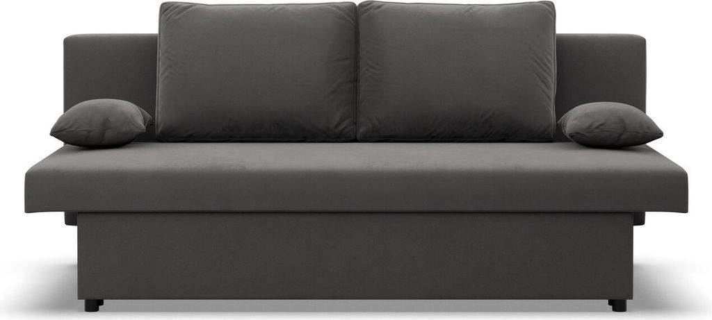 A gray sofa with two large back cushions and two small side cushions, shown from the front.