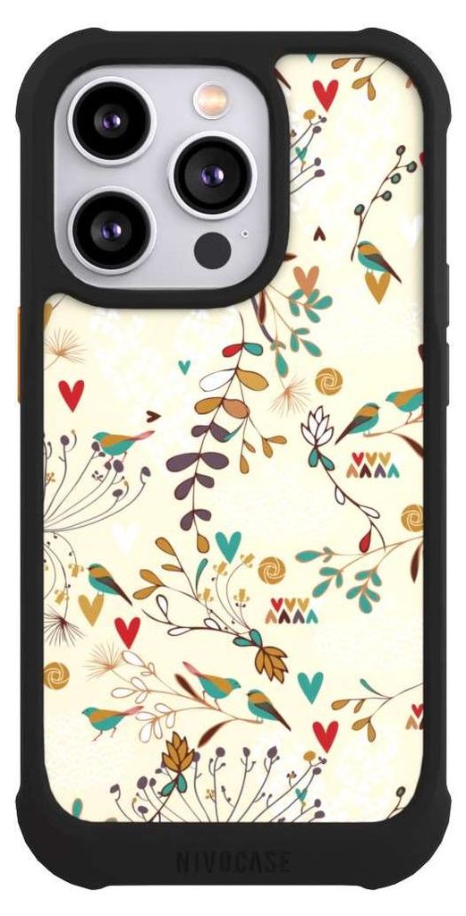 NIVOCASE Hülle für Apple iPhone 14 Pro Stoßfeste Handyhülle NIVOmax Case Schwarz Blumen Retro Vogel