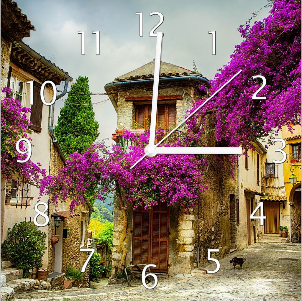 Wallario Design Wanduhr Malerische Stadt in der Provence mit bunten Blumen aus Echtglas, Größe 30 x 30 cm