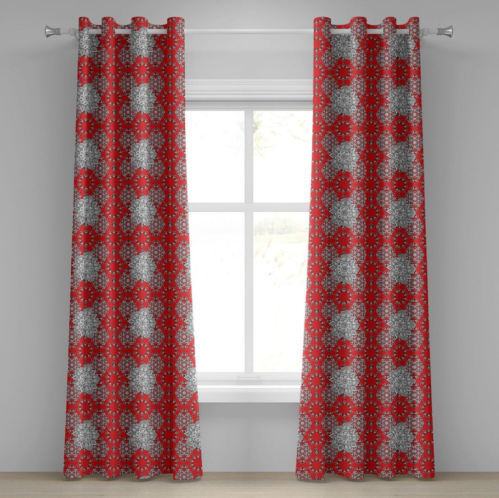 ABAKUHAUS Red Mandala Ösenvorhang, Tribal asiatischen ethnischen Design Pattern Doodles Mandala Stil Blumen, Dekorative 2-Panel-Fenstervorhänge, ...