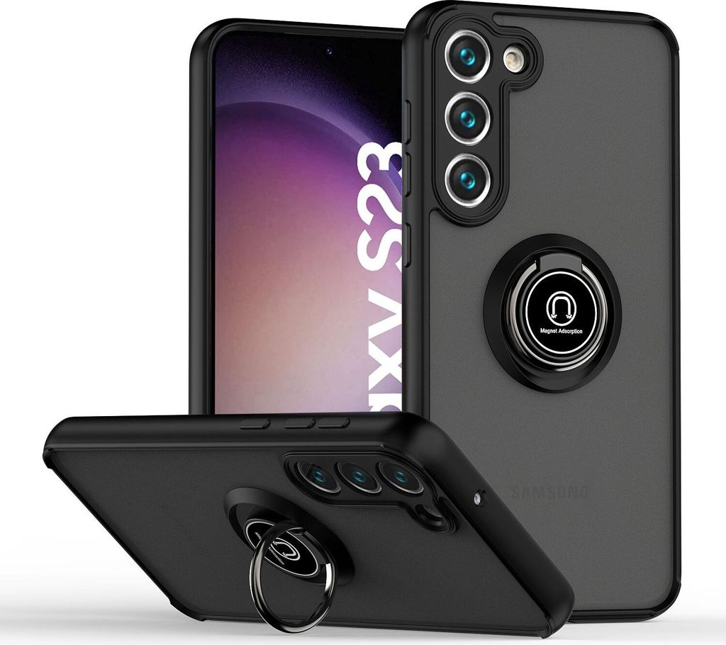 Samsung S23 Hülle, Ring Halter Ständer Matte Transluzent TPU Rahmen Stoßfest Schutzhülle für Samsung Galaxy S23 Schwarz