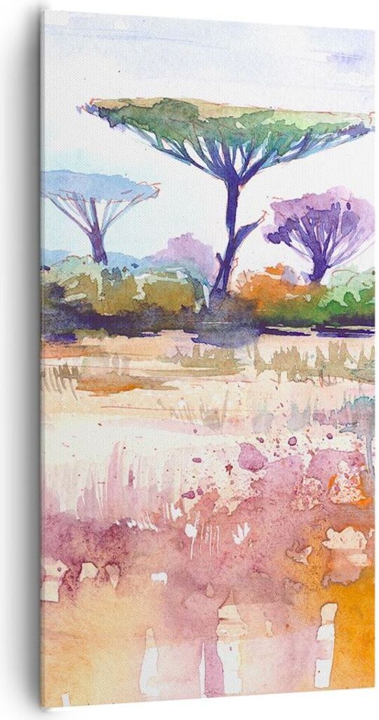 Bild auf Leinwand - Leinwandbild - Einteilig - Aquarell Savanne Bäume - 65x120cm - Wand Bild - Wanddeko - Wandbilder - Leinwanddruck - Bilder - Wa...