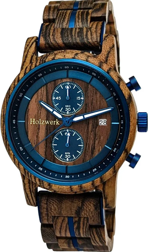 Chronographe Homme en bois de noyer avec dateur et finitions bleu nuit