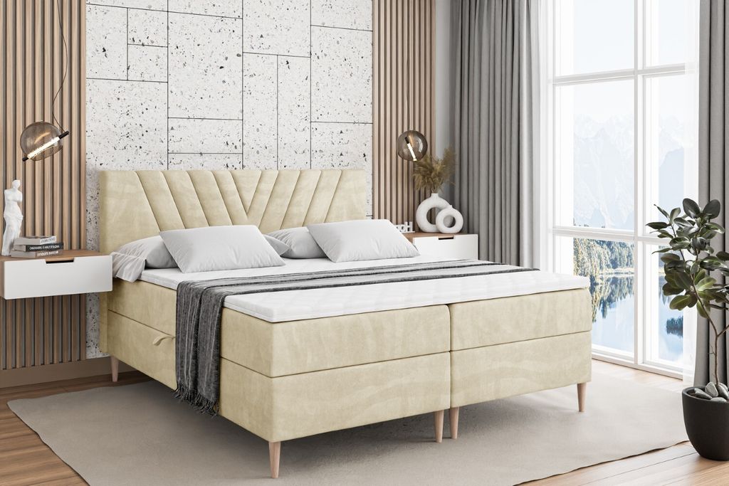 ALTDECOR Boxspringbett mit Holz Füßen, Matratze und Lattenrost, Boxbett, Topper, Polsterbett mit Bettkasten, Bett mit Stauraum H4-Matratze, Doppe...