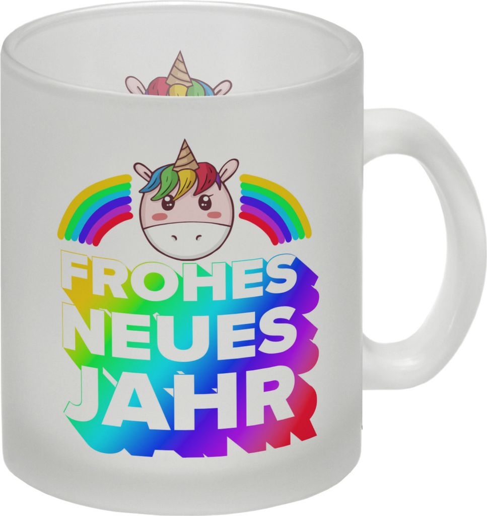 Frohes neues Jahr Regenbogen und Einhorn Glas Tasse